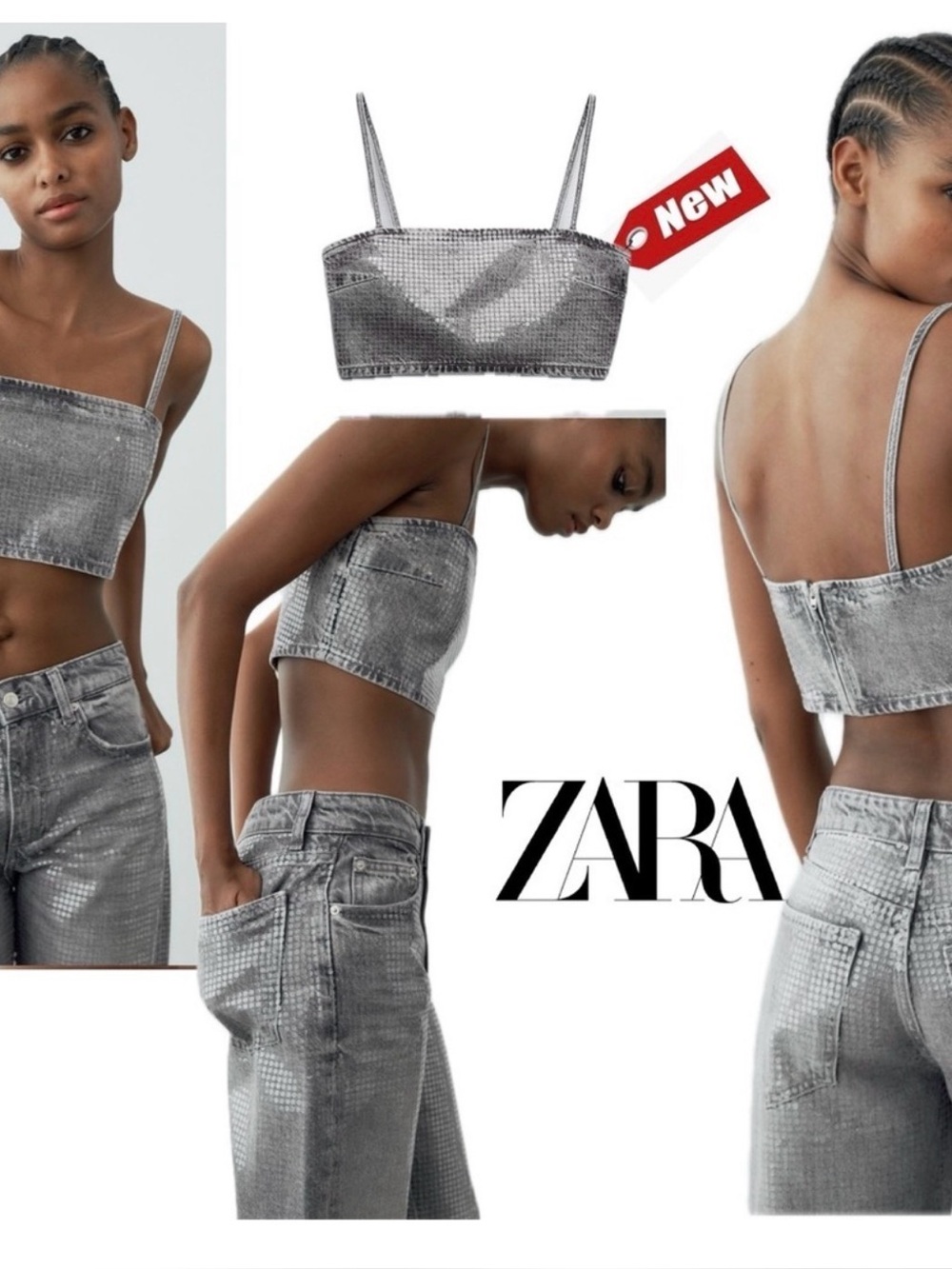 Zara TRF gray foil sequin embellished denim jean crop top sparkly Sz S NWT